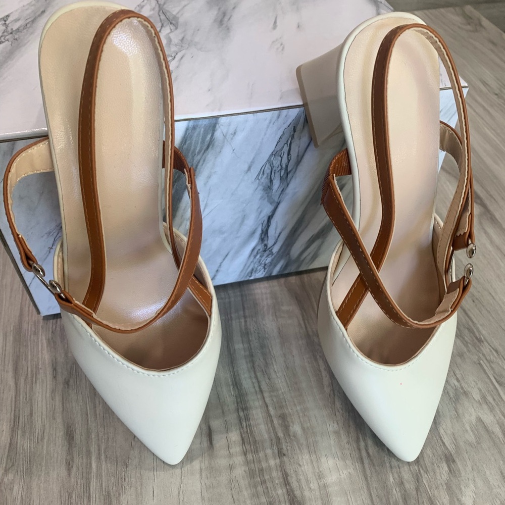 Cream and Brown Pointed Toe Slingback Heels